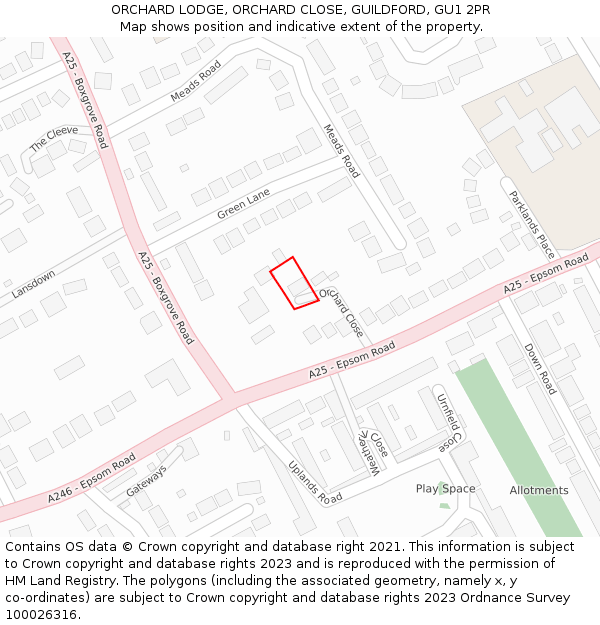 ORCHARD LODGE, ORCHARD CLOSE, GUILDFORD, GU1 2PR: Location map and indicative extent of plot