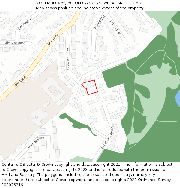 ORCHARD WAY, ACTON GARDENS, WREXHAM, LL12 8DE: Location map and indicative extent of plot