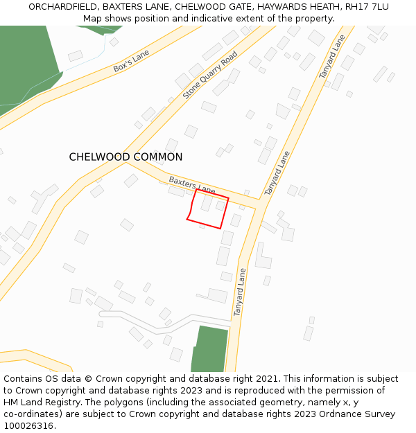 ORCHARDFIELD, BAXTERS LANE, CHELWOOD GATE, HAYWARDS HEATH, RH17 7LU: Location map and indicative extent of plot