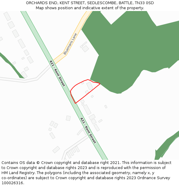 ORCHARDS END, KENT STREET, SEDLESCOMBE, BATTLE, TN33 0SD: Location map and indicative extent of plot