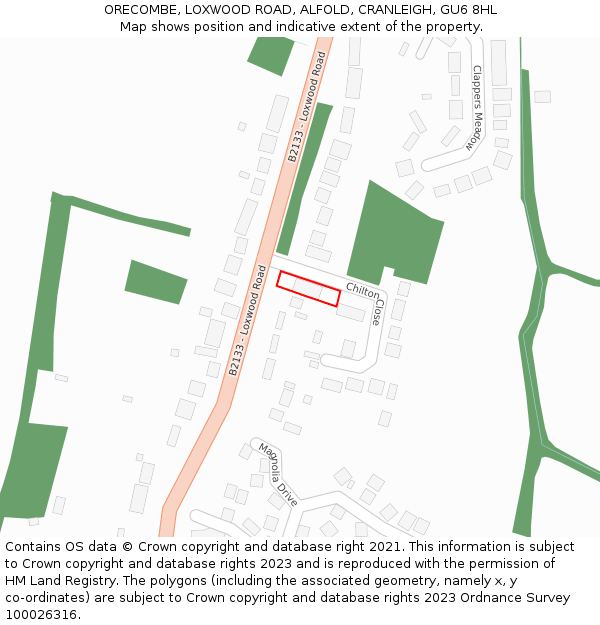 ORECOMBE, LOXWOOD ROAD, ALFOLD, CRANLEIGH, GU6 8HL: Location map and indicative extent of plot