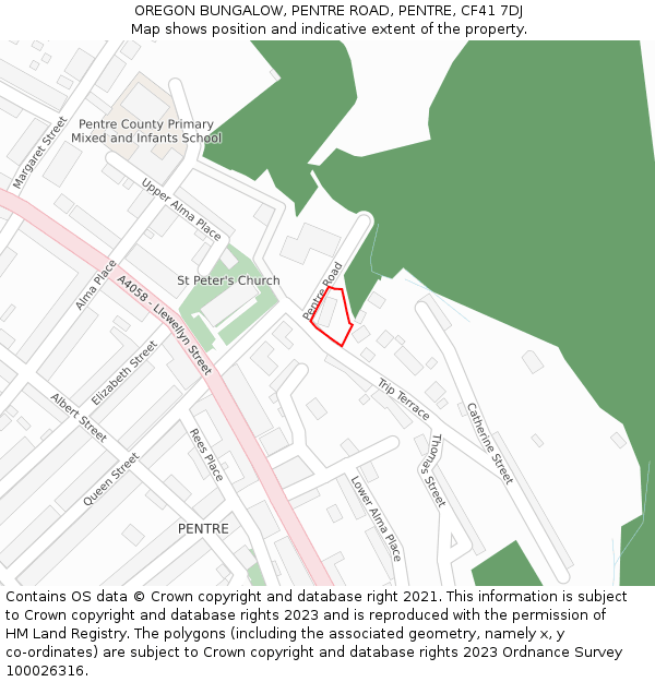 OREGON BUNGALOW, PENTRE ROAD, PENTRE, CF41 7DJ: Location map and indicative extent of plot
