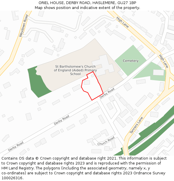ORIEL HOUSE, DERBY ROAD, HASLEMERE, GU27 1BP: Location map and indicative extent of plot