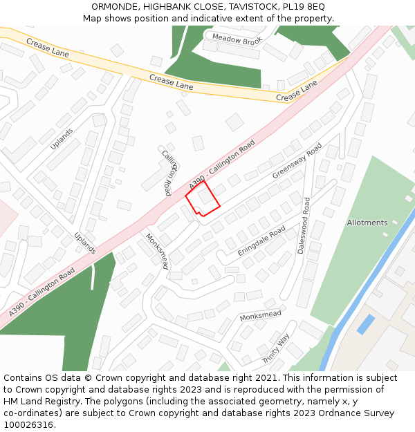 ORMONDE, HIGHBANK CLOSE, TAVISTOCK, PL19 8EQ: Location map and indicative extent of plot