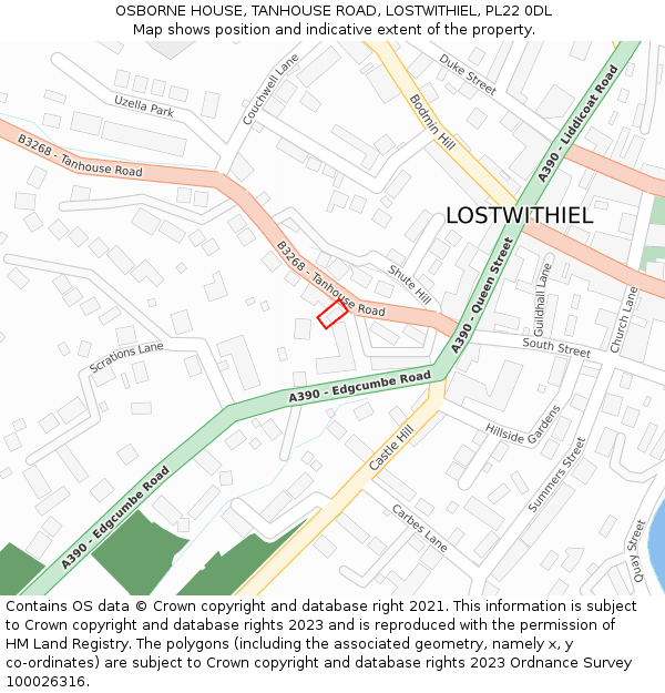 OSBORNE HOUSE, TANHOUSE ROAD, LOSTWITHIEL, PL22 0DL: Location map and indicative extent of plot