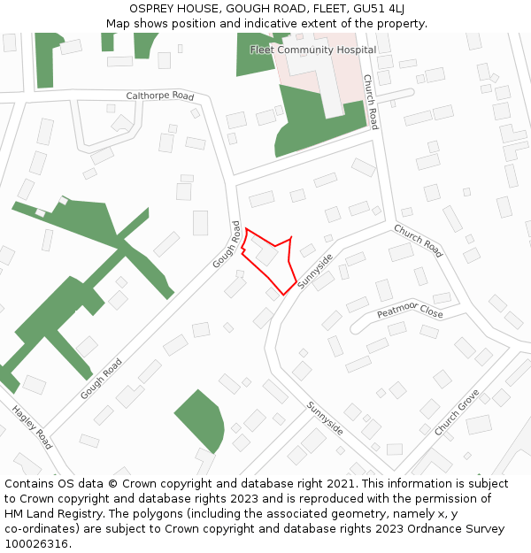 OSPREY HOUSE, GOUGH ROAD, FLEET, GU51 4LJ: Location map and indicative extent of plot