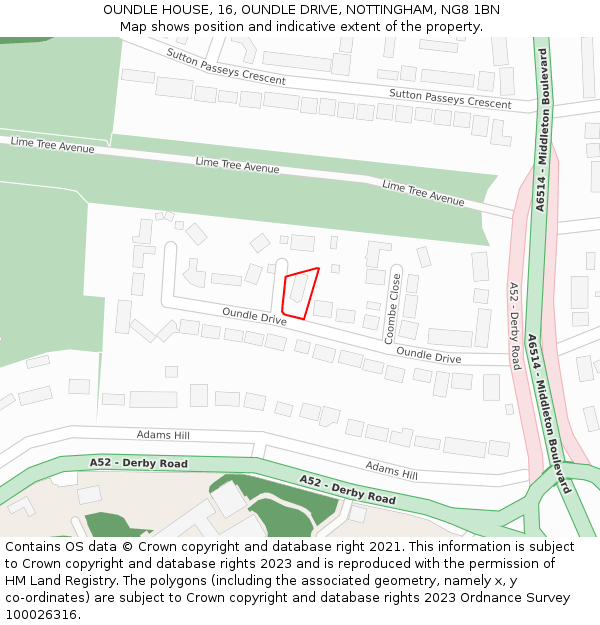 OUNDLE HOUSE, 16, OUNDLE DRIVE, NOTTINGHAM, NG8 1BN: Location map and indicative extent of plot