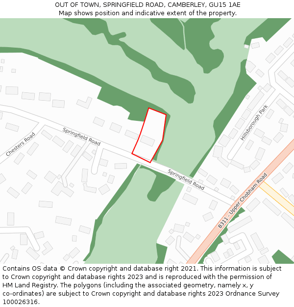 OUT OF TOWN, SPRINGFIELD ROAD, CAMBERLEY, GU15 1AE: Location map and indicative extent of plot