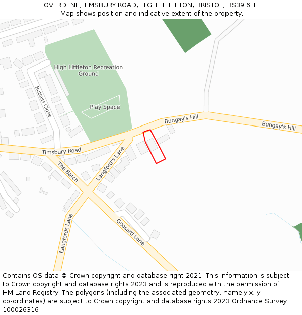 OVERDENE, TIMSBURY ROAD, HIGH LITTLETON, BRISTOL, BS39 6HL: Location map and indicative extent of plot
