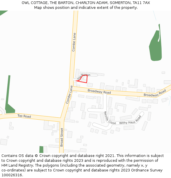 OWL COTTAGE, THE BARTON, CHARLTON ADAM, SOMERTON, TA11 7AX: Location map and indicative extent of plot