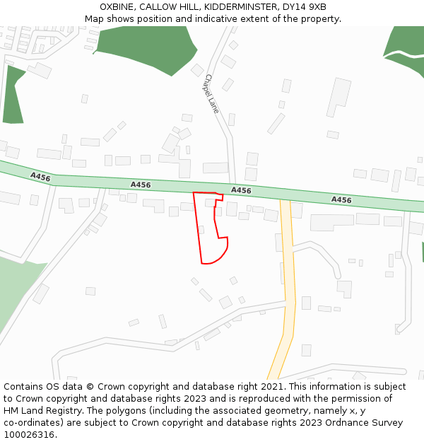 OXBINE, CALLOW HILL, KIDDERMINSTER, DY14 9XB: Location map and indicative extent of plot