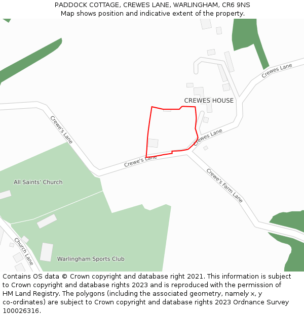 PADDOCK COTTAGE, CREWES LANE, WARLINGHAM, CR6 9NS: Location map and indicative extent of plot
