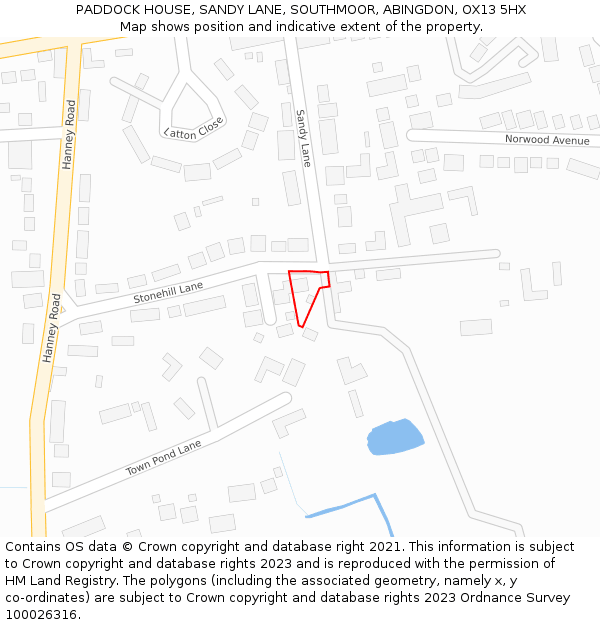 PADDOCK HOUSE, SANDY LANE, SOUTHMOOR, ABINGDON, OX13 5HX: Location map and indicative extent of plot