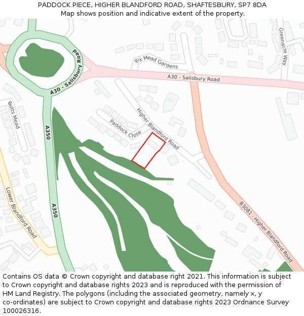 PADDOCK PIECE, HIGHER BLANDFORD ROAD, SHAFTESBURY, SP7 8DA: Location map and indicative extent of plot