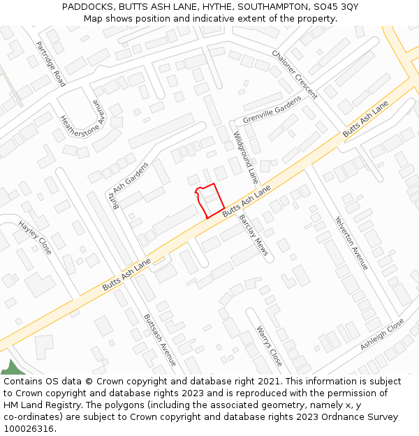 PADDOCKS, BUTTS ASH LANE, HYTHE, SOUTHAMPTON, SO45 3QY: Location map and indicative extent of plot