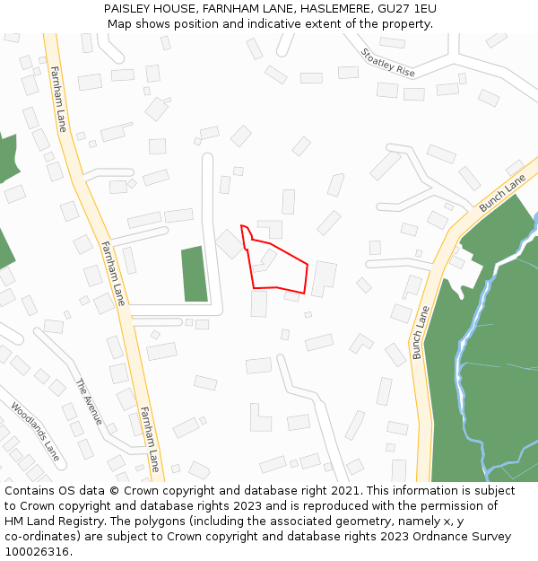 PAISLEY HOUSE, FARNHAM LANE, HASLEMERE, GU27 1EU: Location map and indicative extent of plot