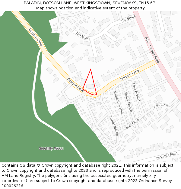 PALADIN, BOTSOM LANE, WEST KINGSDOWN, SEVENOAKS, TN15 6BL: Location map and indicative extent of plot