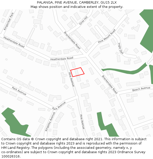 PALANGA, PINE AVENUE, CAMBERLEY, GU15 2LX: Location map and indicative extent of plot