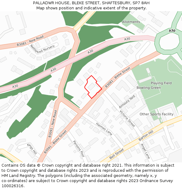 PALLADWR HOUSE, BLEKE STREET, SHAFTESBURY, SP7 8AH: Location map and indicative extent of plot
