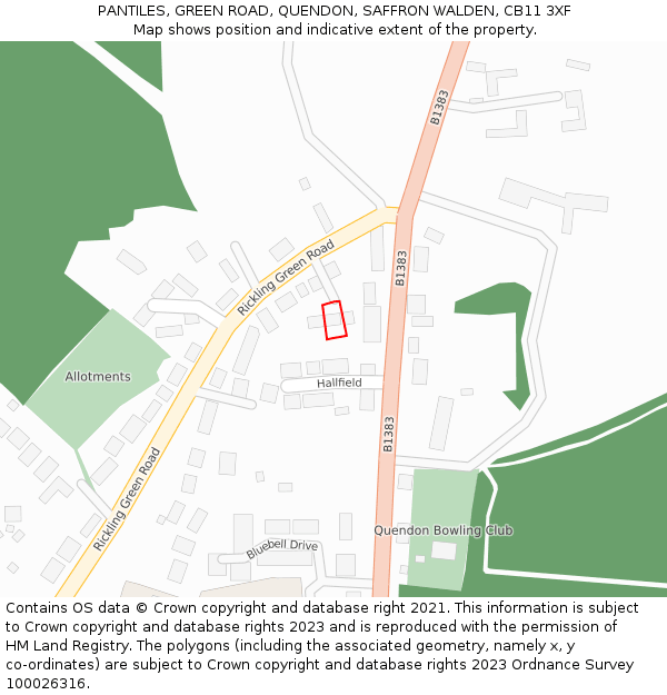 PANTILES, GREEN ROAD, QUENDON, SAFFRON WALDEN, CB11 3XF: Location map and indicative extent of plot