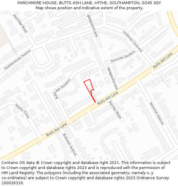 PARCHMORE HOUSE, BUTTS ASH LANE, HYTHE, SOUTHAMPTON, SO45 3QY: Location map and indicative extent of plot