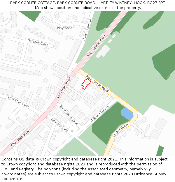 PARK CORNER COTTAGE, PARK CORNER ROAD, HARTLEY WINTNEY, HOOK, RG27 8PT: Location map and indicative extent of plot