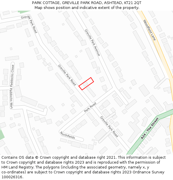 PARK COTTAGE, GREVILLE PARK ROAD, ASHTEAD, KT21 2QT: Location map and indicative extent of plot
