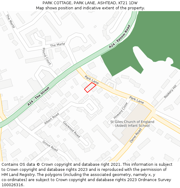 PARK COTTAGE, PARK LANE, ASHTEAD, KT21 1DW: Location map and indicative extent of plot