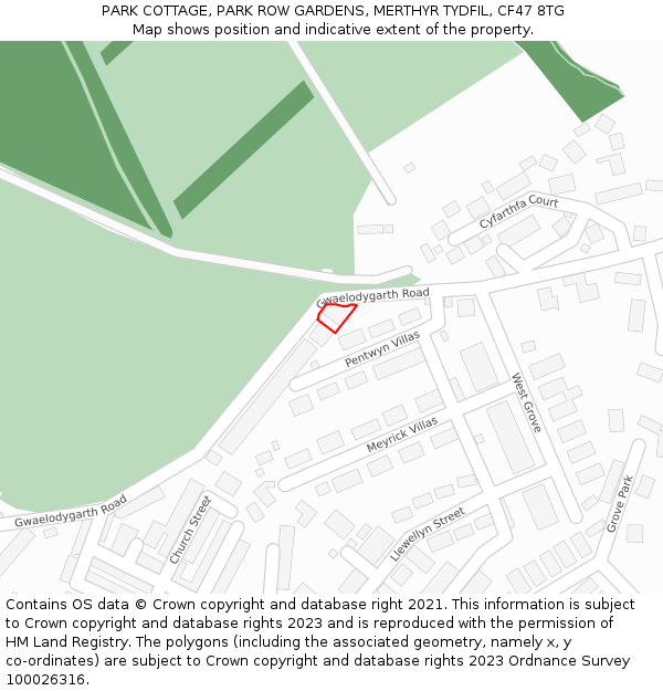 PARK COTTAGE, PARK ROW GARDENS, MERTHYR TYDFIL, CF47 8TG: Location map and indicative extent of plot
