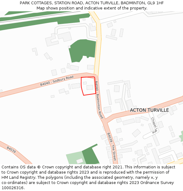 PARK COTTAGES, STATION ROAD, ACTON TURVILLE, BADMINTON, GL9 1HF: Location map and indicative extent of plot