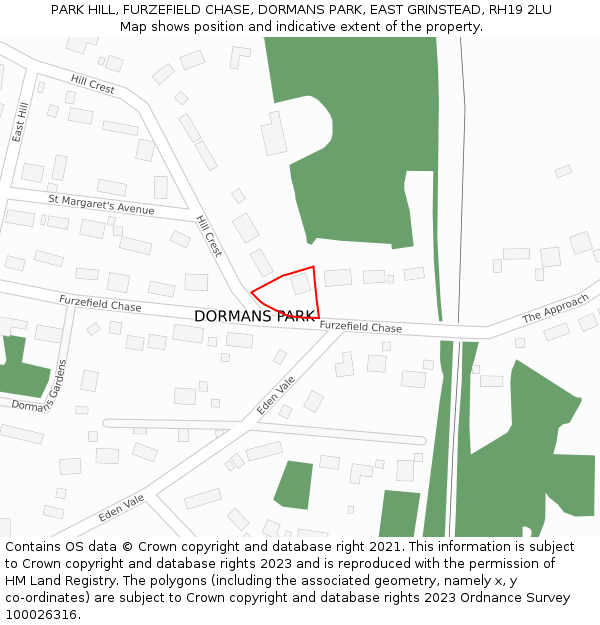 PARK HILL, FURZEFIELD CHASE, DORMANS PARK, EAST GRINSTEAD, RH19 2LU: Location map and indicative extent of plot