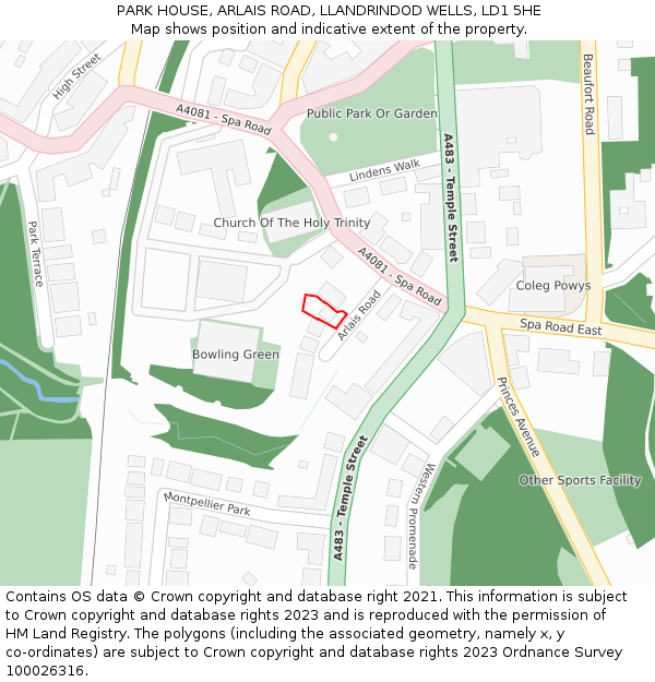 PARK HOUSE, ARLAIS ROAD, LLANDRINDOD WELLS, LD1 5HE: Location map and indicative extent of plot
