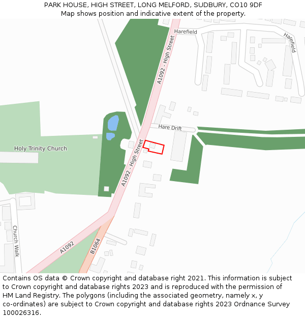 PARK HOUSE, HIGH STREET, LONG MELFORD, SUDBURY, CO10 9DF: Location map and indicative extent of plot
