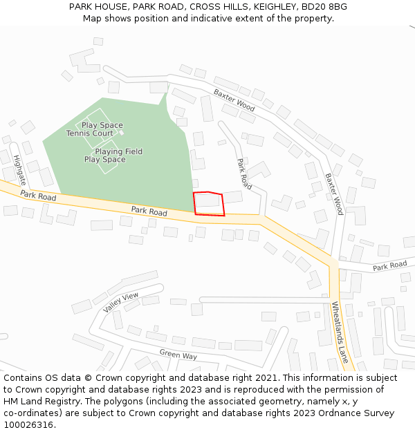 PARK HOUSE, PARK ROAD, CROSS HILLS, KEIGHLEY, BD20 8BG: Location map and indicative extent of plot