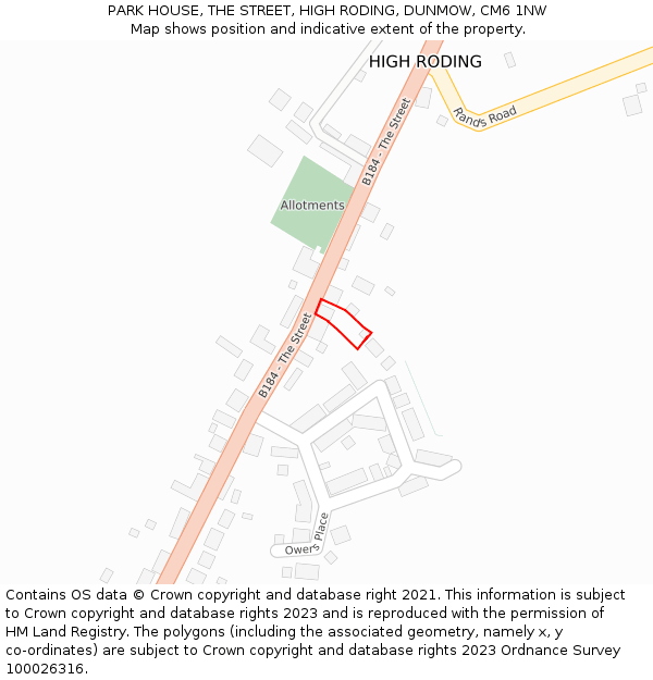 PARK HOUSE, THE STREET, HIGH RODING, DUNMOW, CM6 1NW: Location map and indicative extent of plot