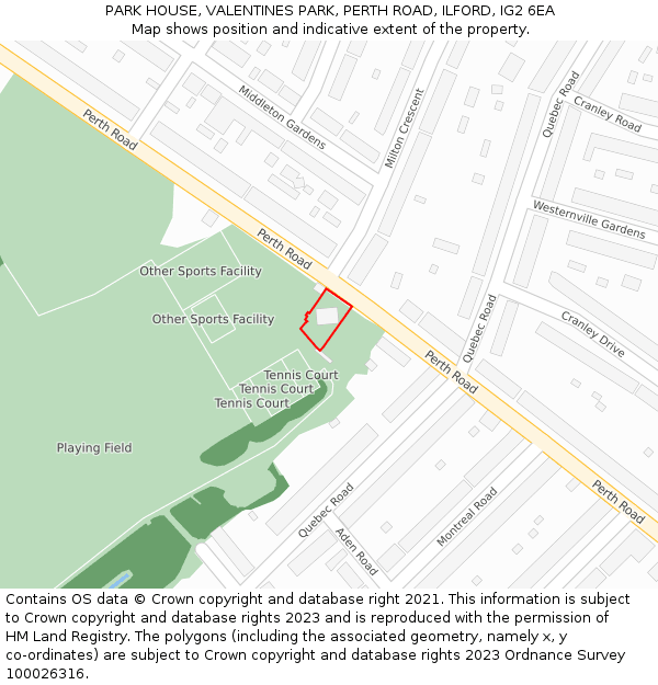PARK HOUSE, VALENTINES PARK, PERTH ROAD, ILFORD, IG2 6EA: Location map and indicative extent of plot
