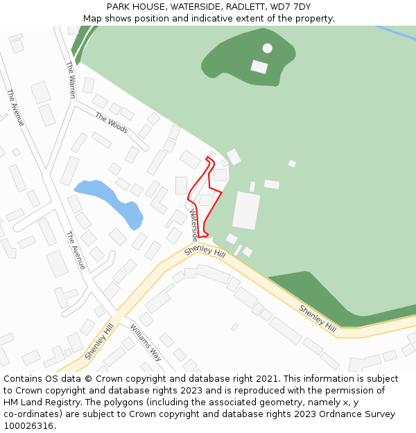 PARK HOUSE, WATERSIDE, RADLETT, WD7 7DY: Location map and indicative extent of plot
