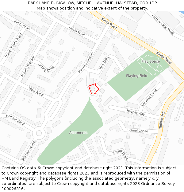 PARK LANE BUNGALOW, MITCHELL AVENUE, HALSTEAD, CO9 1DP: Location map and indicative extent of plot