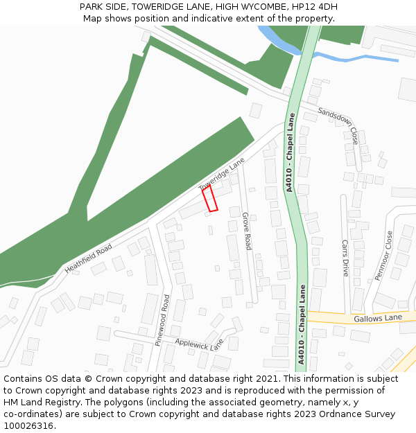 PARK SIDE, TOWERIDGE LANE, HIGH WYCOMBE, HP12 4DH: Location map and indicative extent of plot