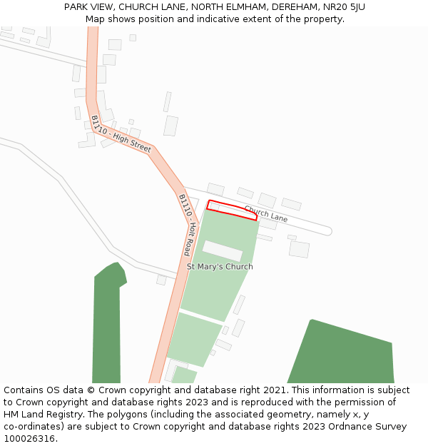 PARK VIEW, CHURCH LANE, NORTH ELMHAM, DEREHAM, NR20 5JU: Location map and indicative extent of plot