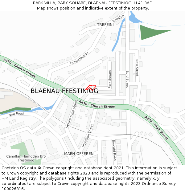 PARK VILLA, PARK SQUARE, BLAENAU FFESTINIOG, LL41 3AD: Location map and indicative extent of plot