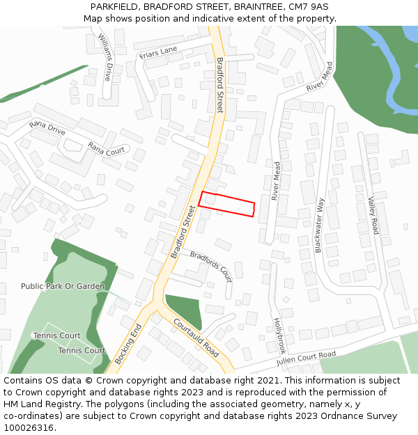 PARKFIELD, BRADFORD STREET, BRAINTREE, CM7 9AS: Location map and indicative extent of plot