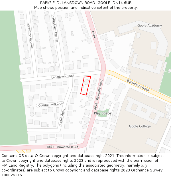 PARKFIELD, LANSDOWN ROAD, GOOLE, DN14 6UR: Location map and indicative extent of plot