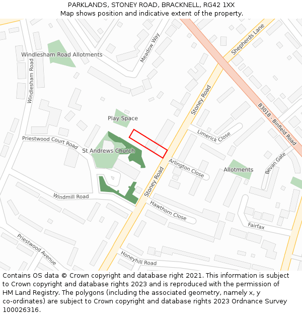 PARKLANDS, STONEY ROAD, BRACKNELL, RG42 1XX: Location map and indicative extent of plot
