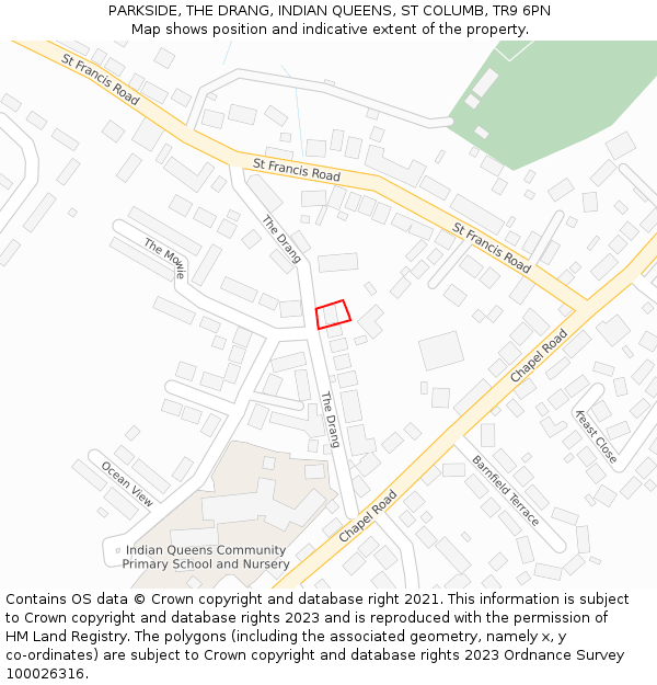 PARKSIDE, THE DRANG, INDIAN QUEENS, ST COLUMB, TR9 6PN: Location map and indicative extent of plot