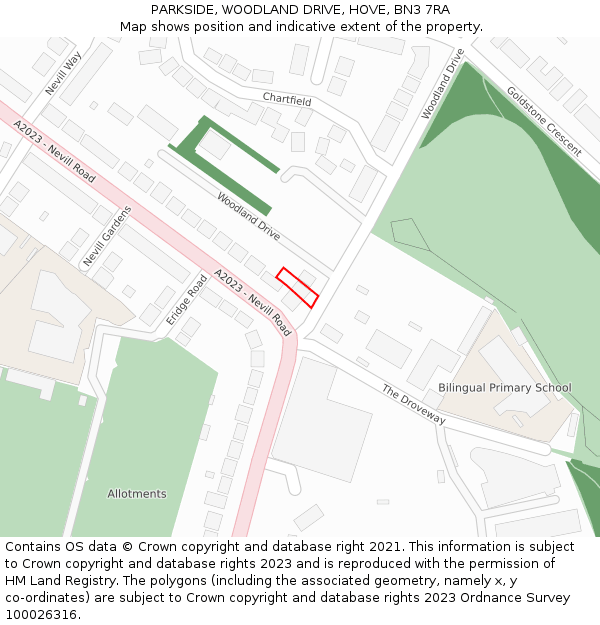 PARKSIDE, WOODLAND DRIVE, HOVE, BN3 7RA: Location map and indicative extent of plot
