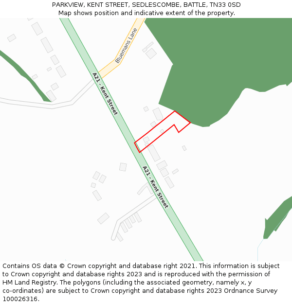 PARKVIEW, KENT STREET, SEDLESCOMBE, BATTLE, TN33 0SD: Location map and indicative extent of plot