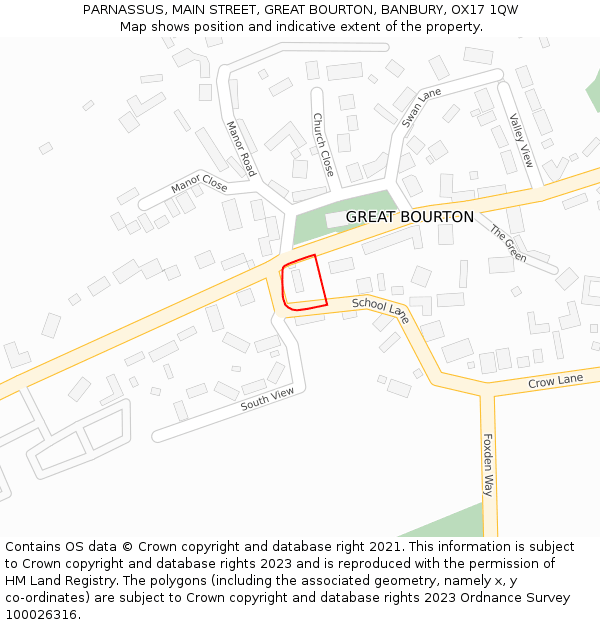 PARNASSUS, MAIN STREET, GREAT BOURTON, BANBURY, OX17 1QW: Location map and indicative extent of plot