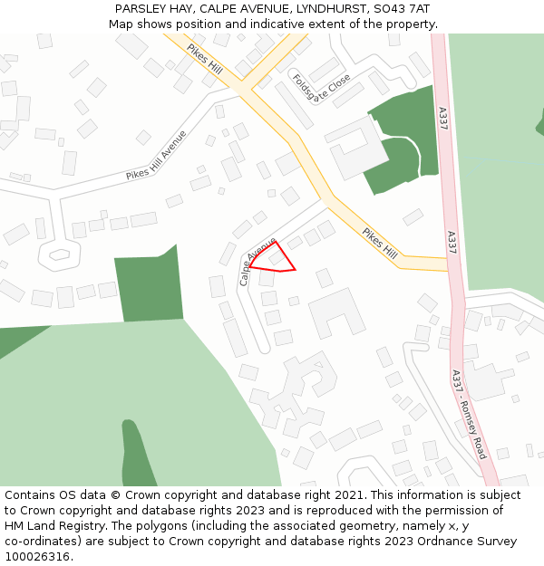 PARSLEY HAY, CALPE AVENUE, LYNDHURST, SO43 7AT: Location map and indicative extent of plot