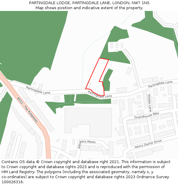 PARTINGDALE LODGE, PARTINGDALE LANE, LONDON, NW7 1NS: Location map and indicative extent of plot